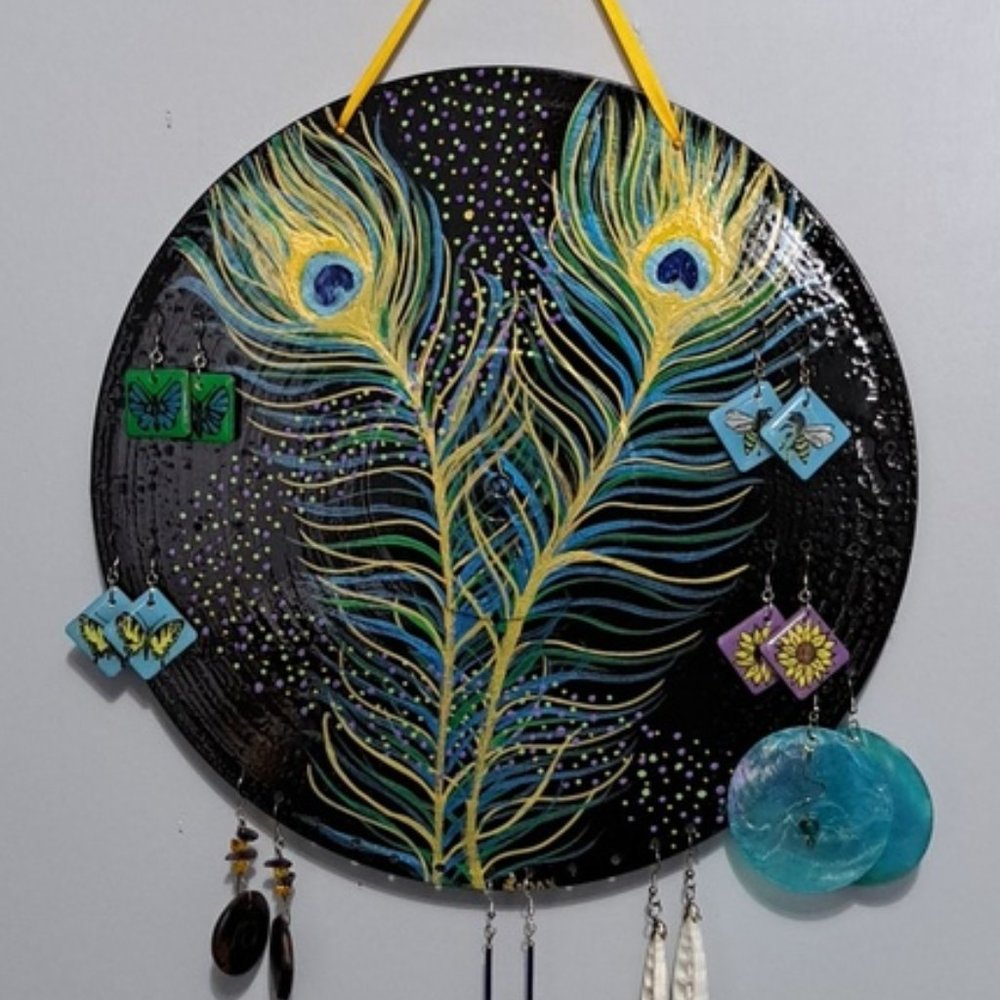 Hand Crafted Jewelry Display Upcycled Vinyl Record Wall Art Peacock Feather